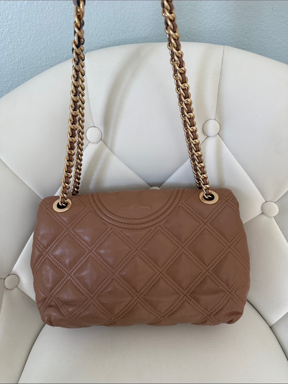Tory Burch Fleming Soft Leather Convertible Shoulder Bag Warm Tan Gold Chain - Picture 7 of 17
